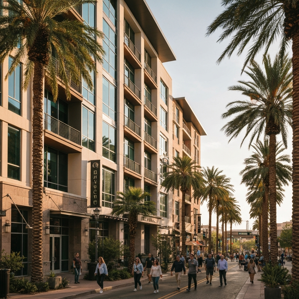 Vibrant downtown Tempe street scene with modern condos and palm trees, showcasing urban living and community activity.