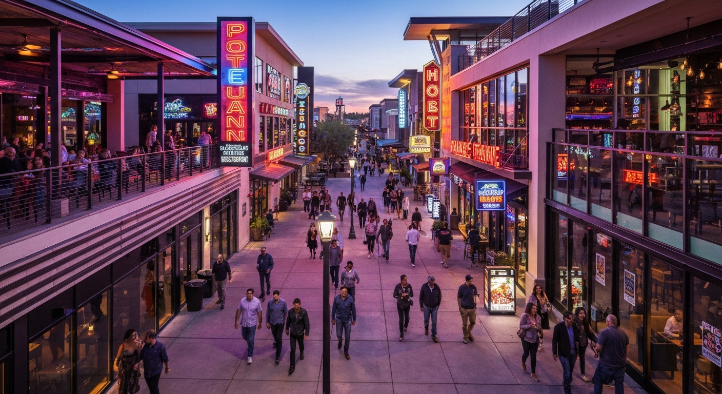 P83 Entertainment District in Peoria, vibrant nightlife with dining and shopping options, ideal for modern living.