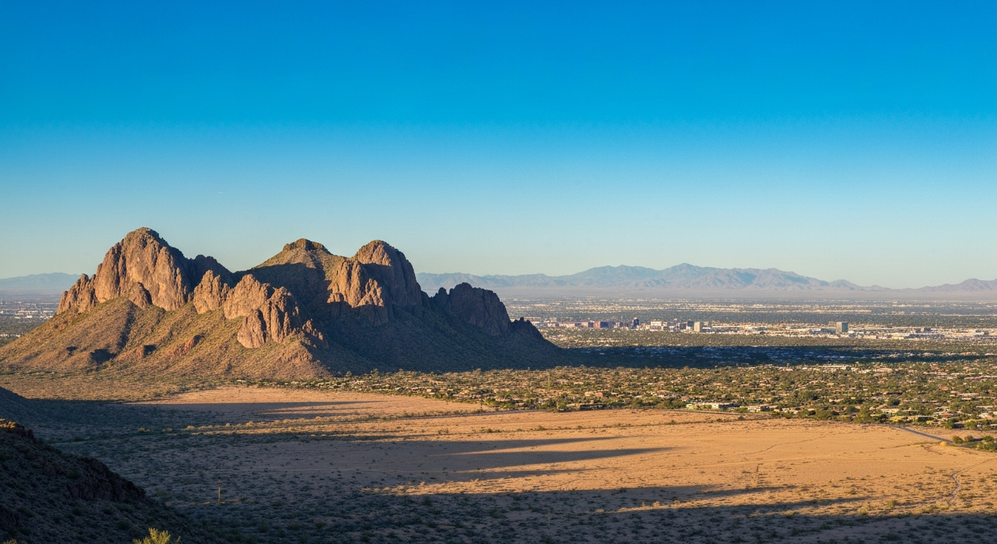 Estrella Mountain landscape with rugged peaks and desert terrain, showcasing natural beauty near Goodyear, AZ.