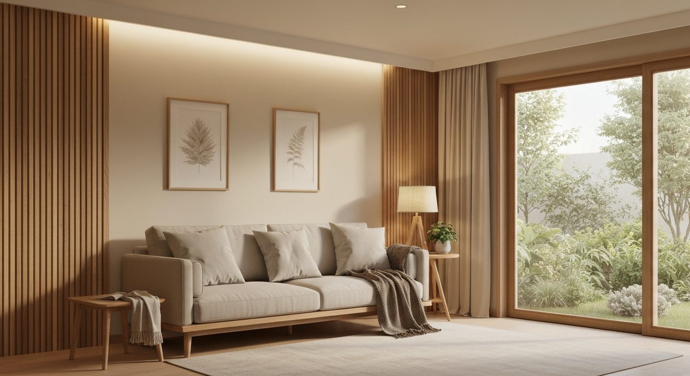 Modern living room with natural light, featuring a cozy couch, decorative plants, and a view of a landscaped garden.