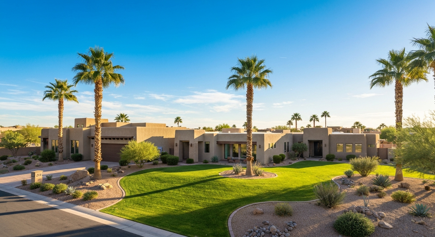 Modern home in Las Brisas, Goodyear, Arizona, featuring lush landscaping and palm trees, ideal for suburban living.