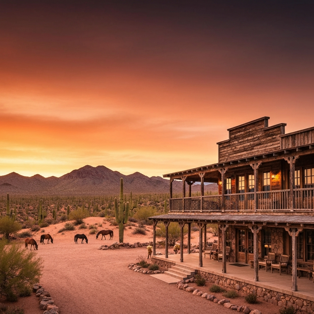 Authentic western guest ranch at sunset in Wickenburg, featuring horses, desert landscape, and historic architecture.
