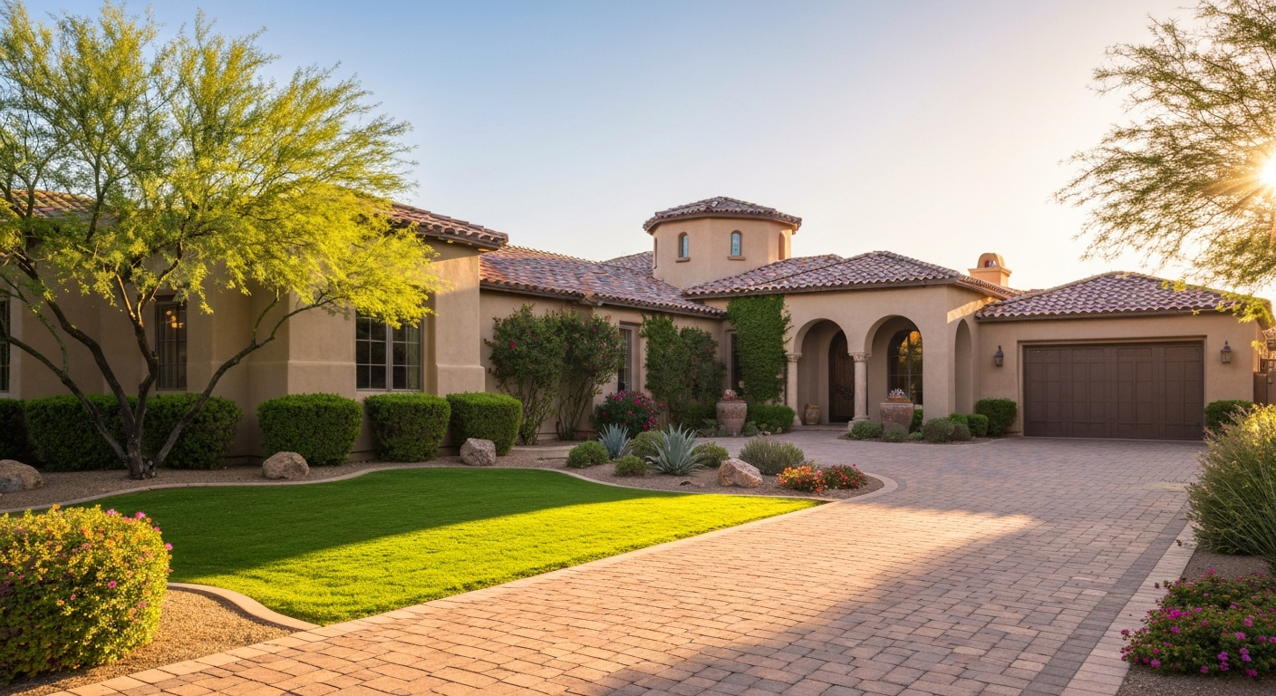 Mediterranean-style luxury home in Litchfield Park, featuring landscaped yard, paver driveway, and elegant architectural details.