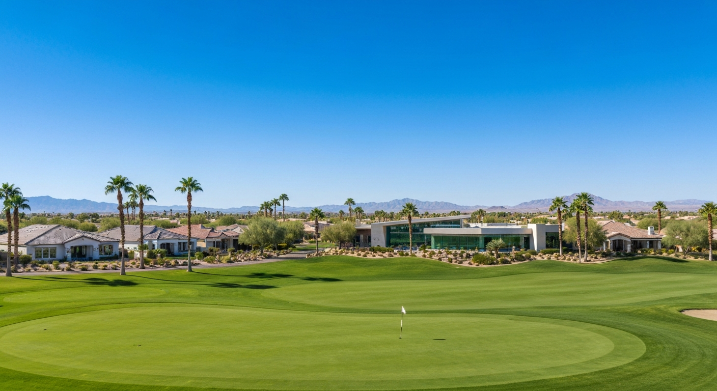 Resort-style Sage Center and golf course in Sun City Festival, Buckeye, Arizona, surrounded by palm trees and mountains.