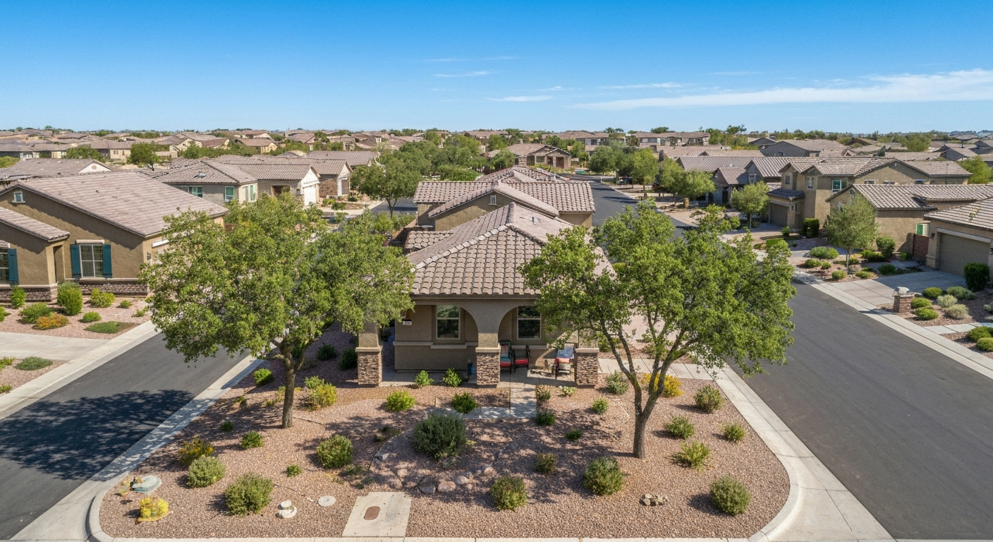 Modern single-family home in a tree-lined neighborhood of Queen Creek, showcasing spacious landscaping and nearby residential streets.