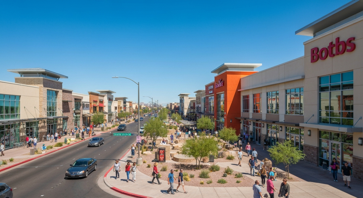 Busy shopping district in Buckeye, Arizona, featuring local businesses, restaurants, and community members enjoying the area.