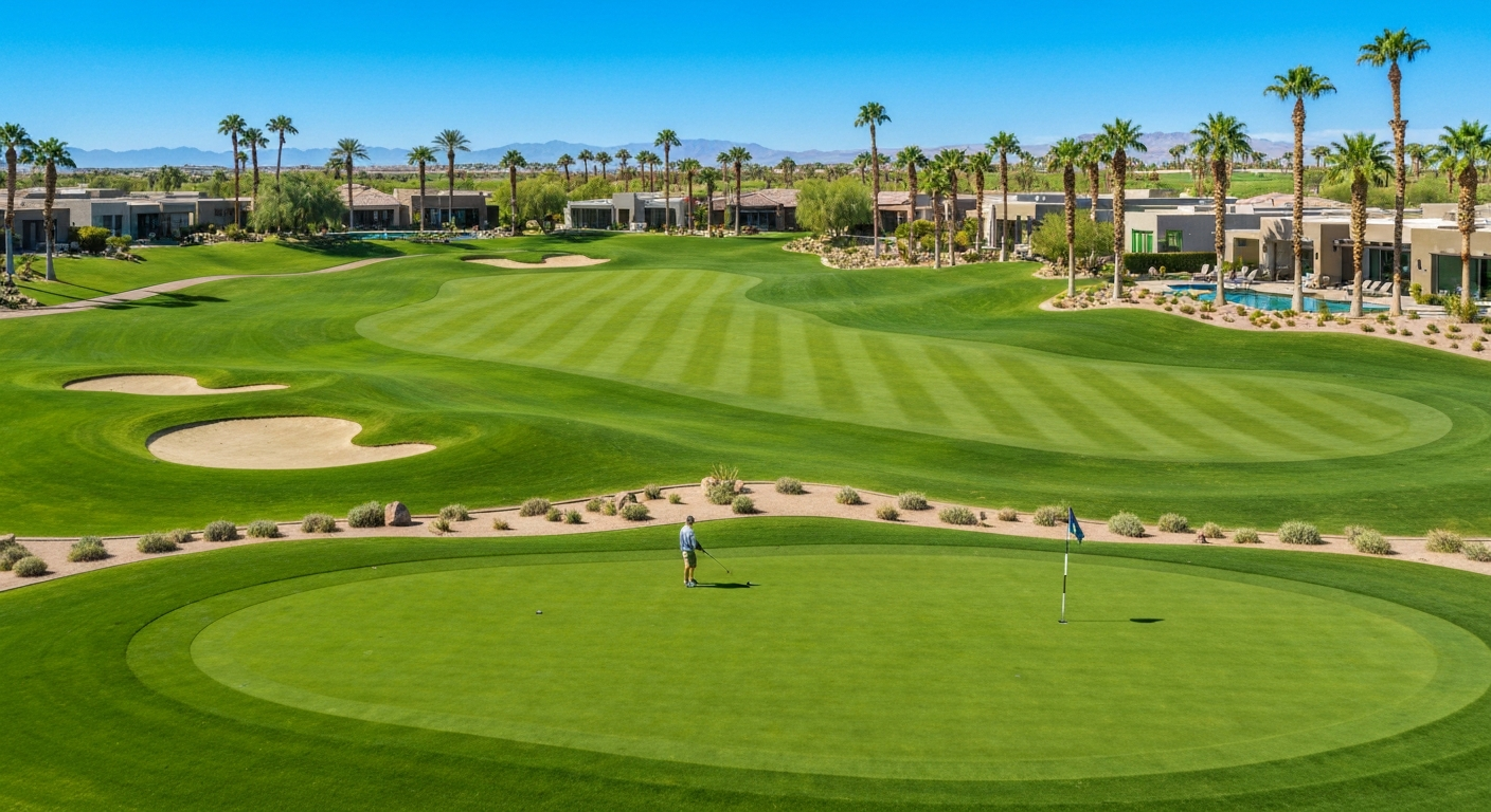 Vibrant golf course in Sun City Grand, Surprise, Arizona, featuring lush greens, palm trees, and scenic mountain views.