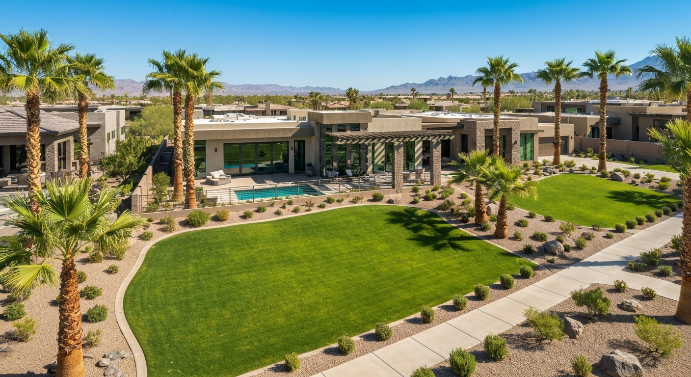 Luxury home with pool and landscaped yard in Peoria, Arizona, surrounded by palm trees and mountain views.