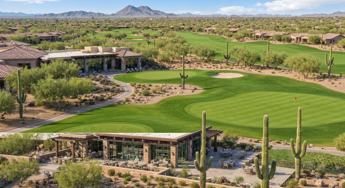 Desert golf course view in Peoria, Arizona, featuring lush greens, cacti, and mountain backdrop, ideal for luxury living.