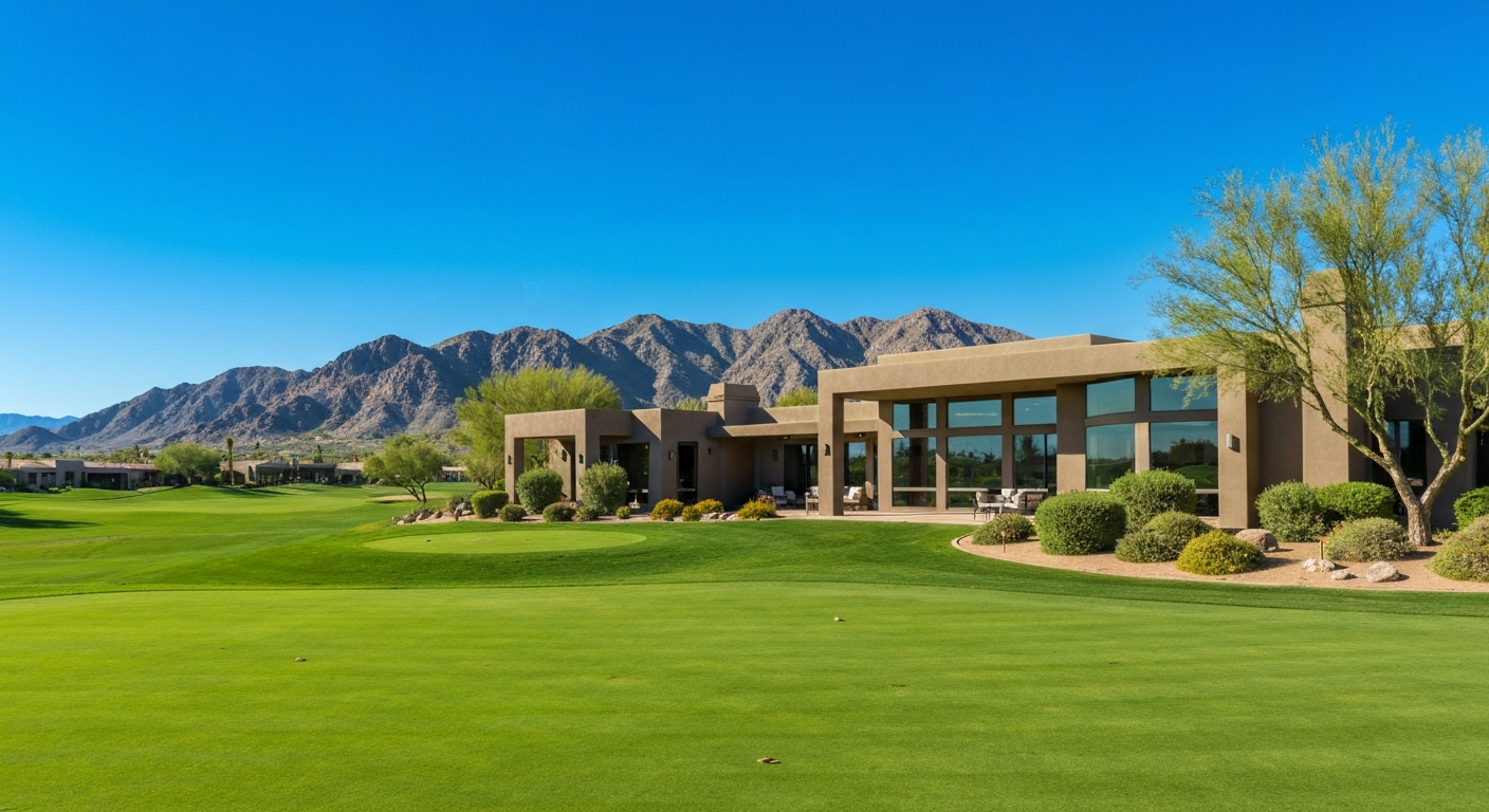 Luxury home at Litchfield Greens golf community, showcasing stunning mountain views and lush landscaping in Litchfield Park.