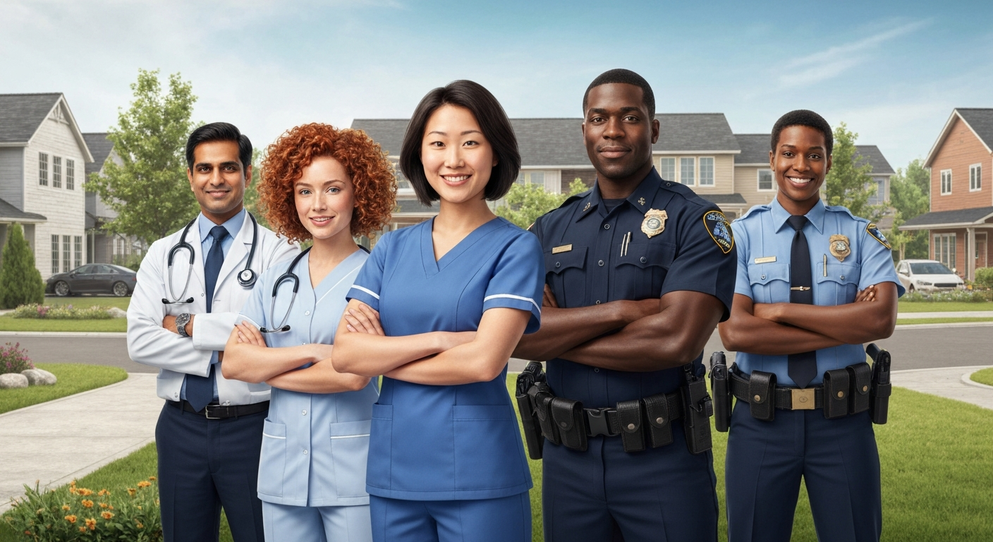Group of community heroes including medical professionals and police officers, promoting the Rewarding Heroes program in a residential neighborhood.