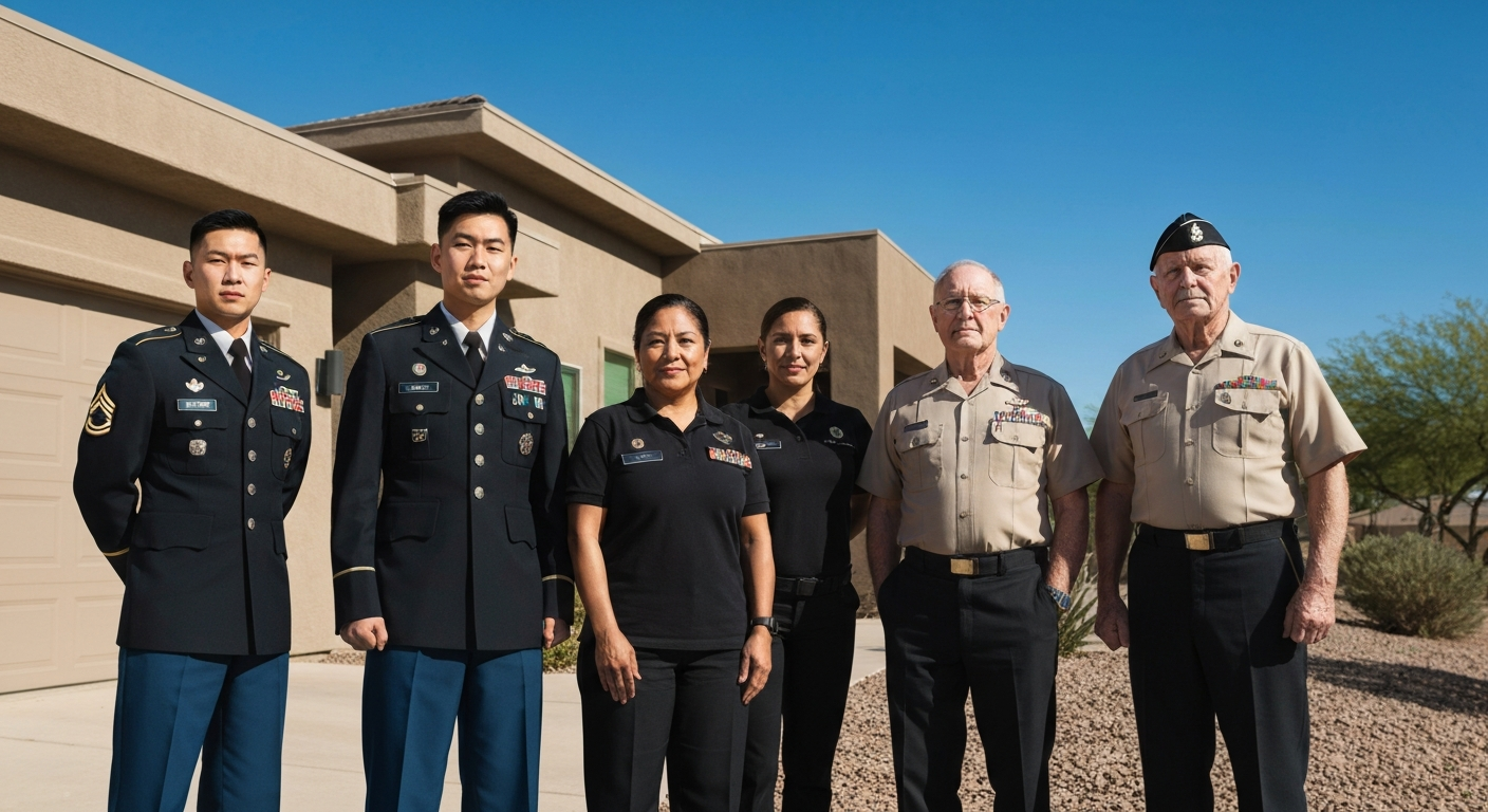 Group of military personnel in uniform standing outside a home, promoting the Rewarding Heroes program for Arizona veterans.