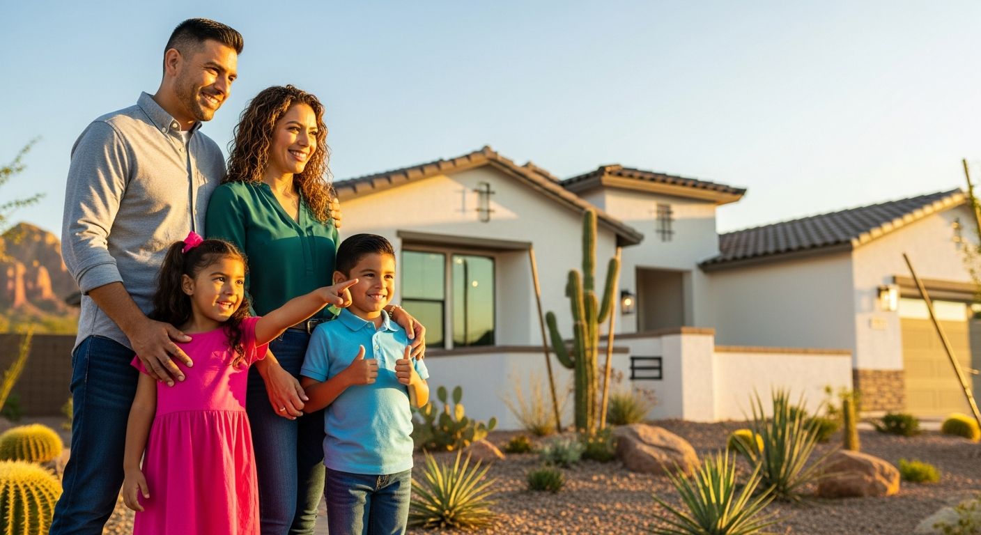 Familia feliz frente a su nueva casa en Mesa