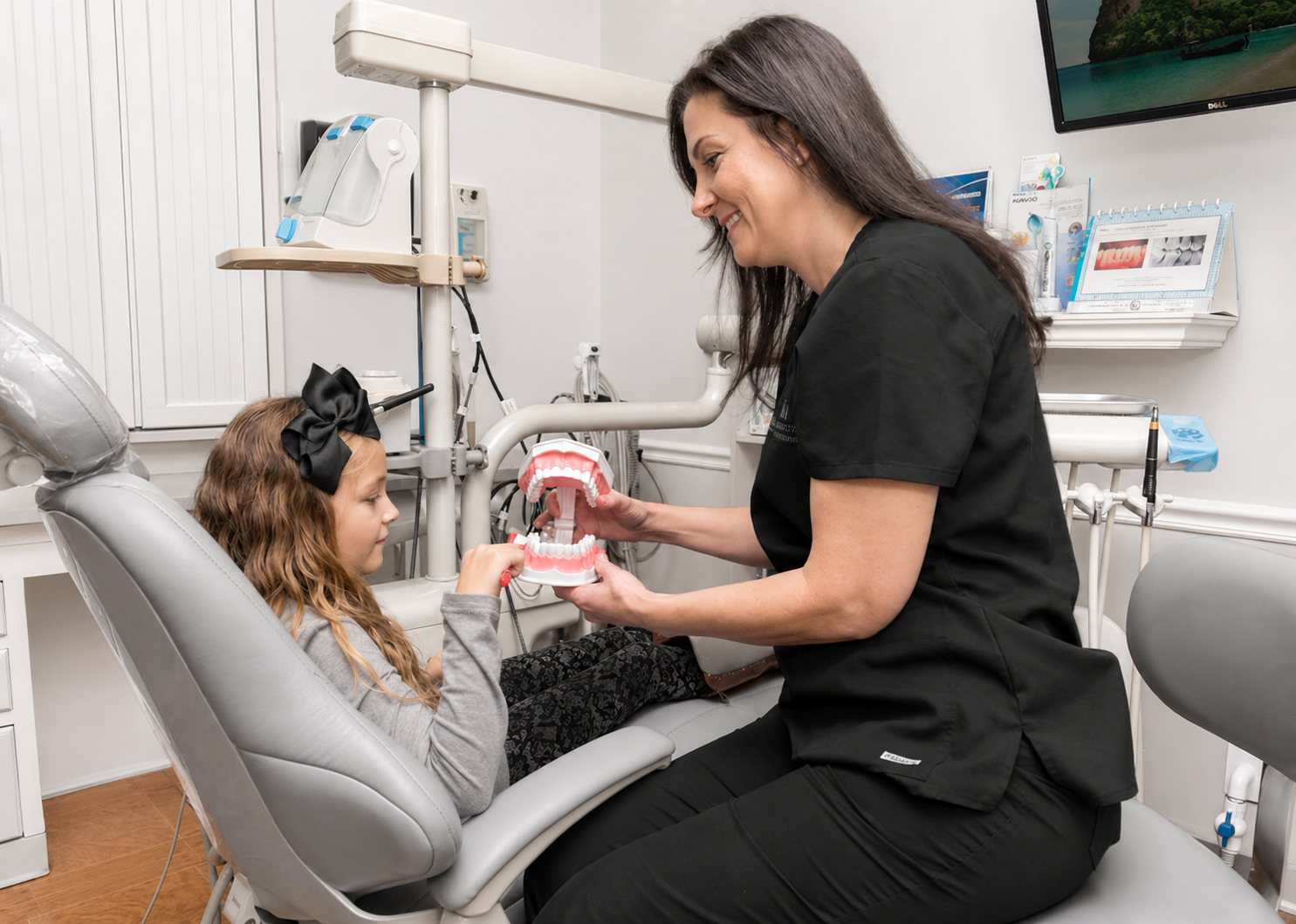 Dr. Castro showing a young patient a dental model