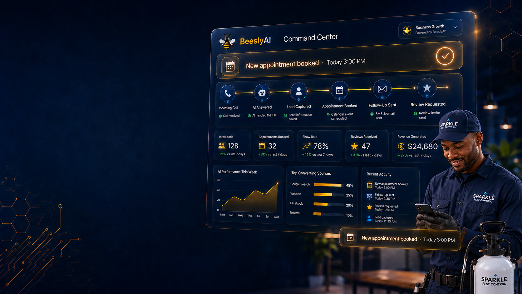 Pest control professional using AI automation software