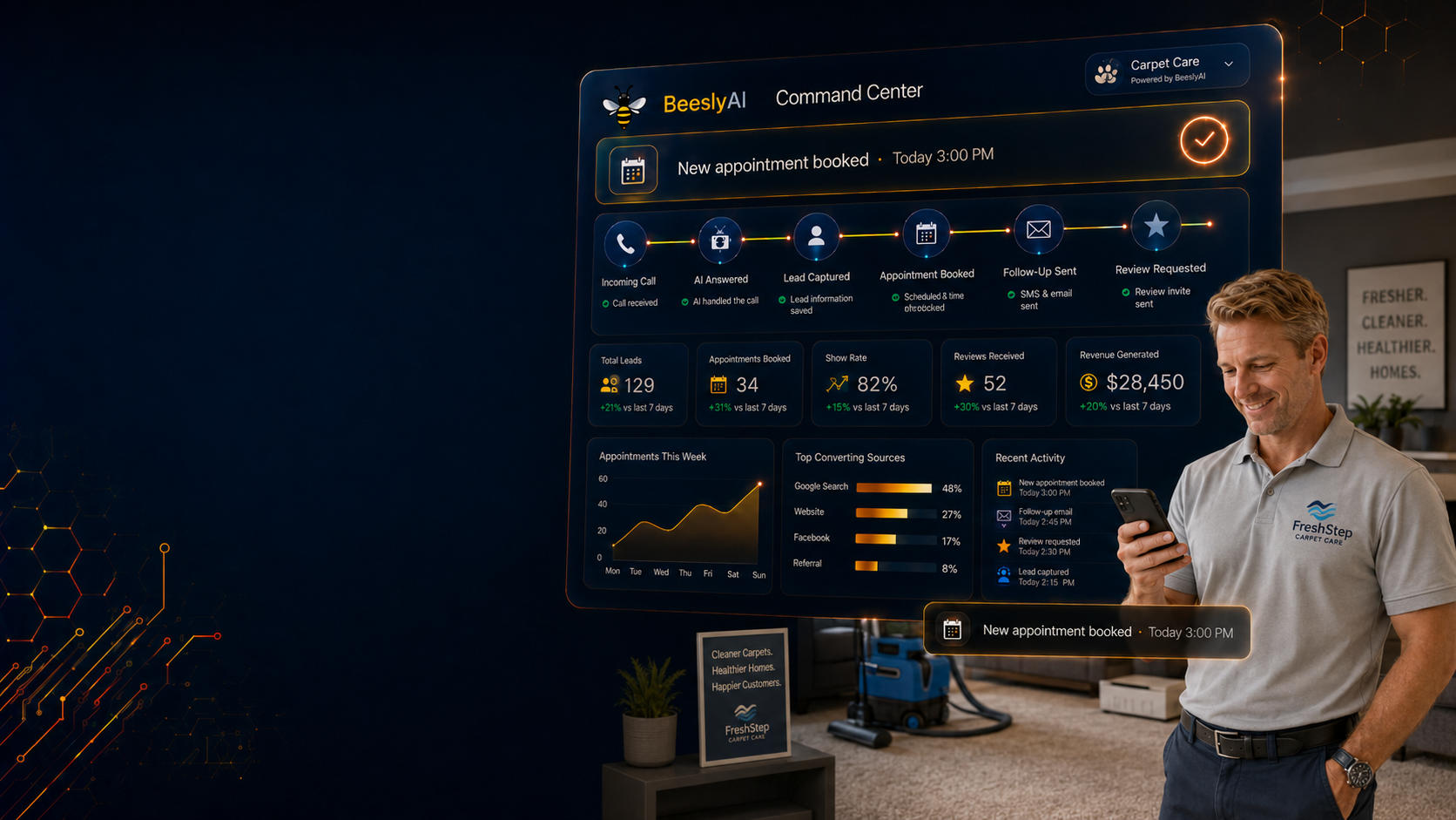 Carpet cleaning professional using AI automation software