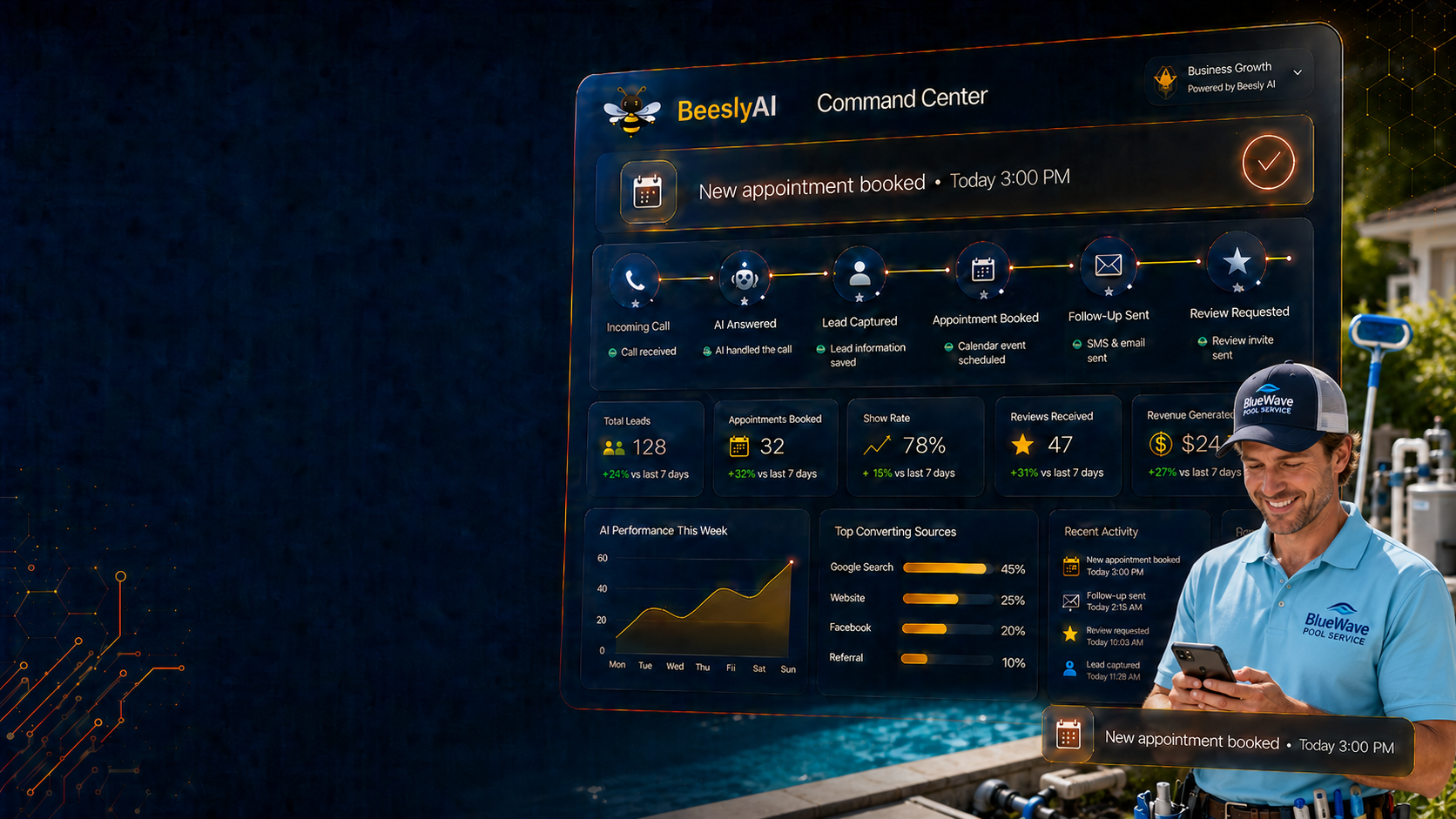 Pool service professional using AI automation software