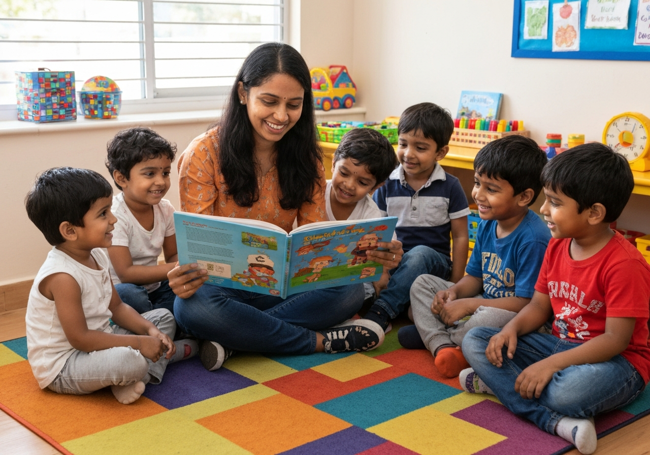 Indian children and teacher in Senior KG Program