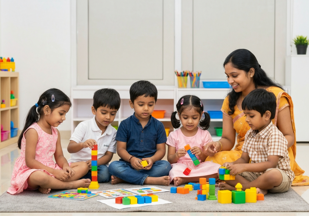 Indian children and teacher in Junior KG Program