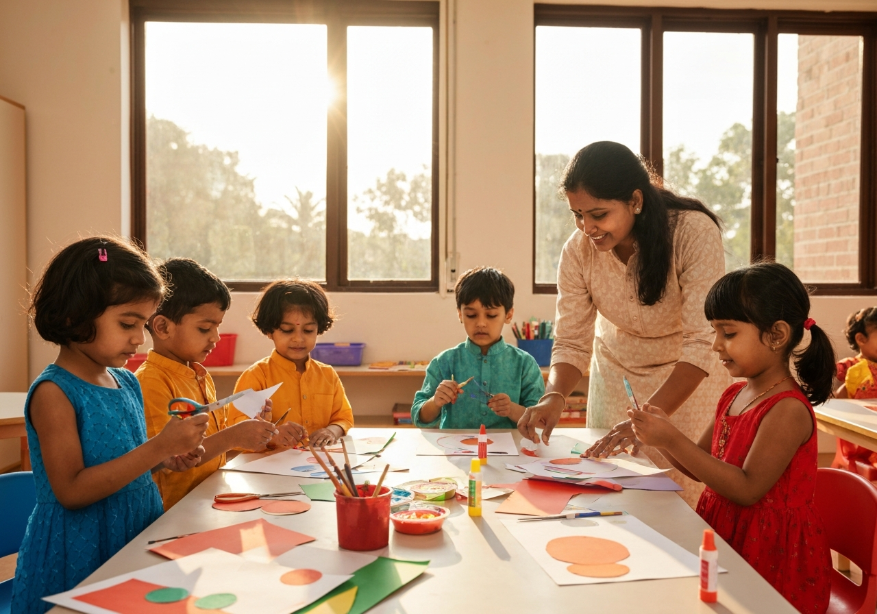 Indian nursery children and teacher doing art