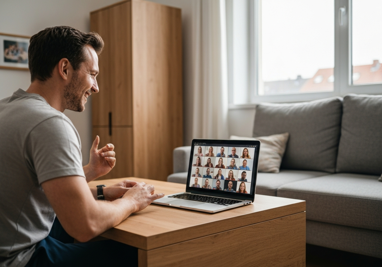 Man in interactive live training at home