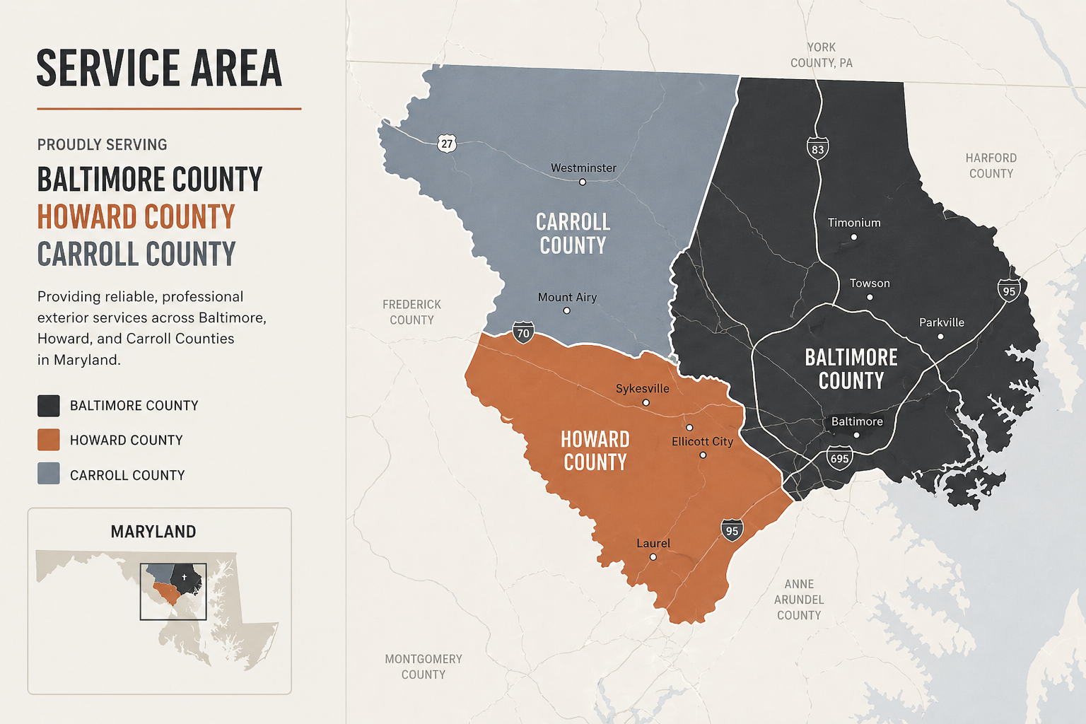 Map of our service areas in Maryland