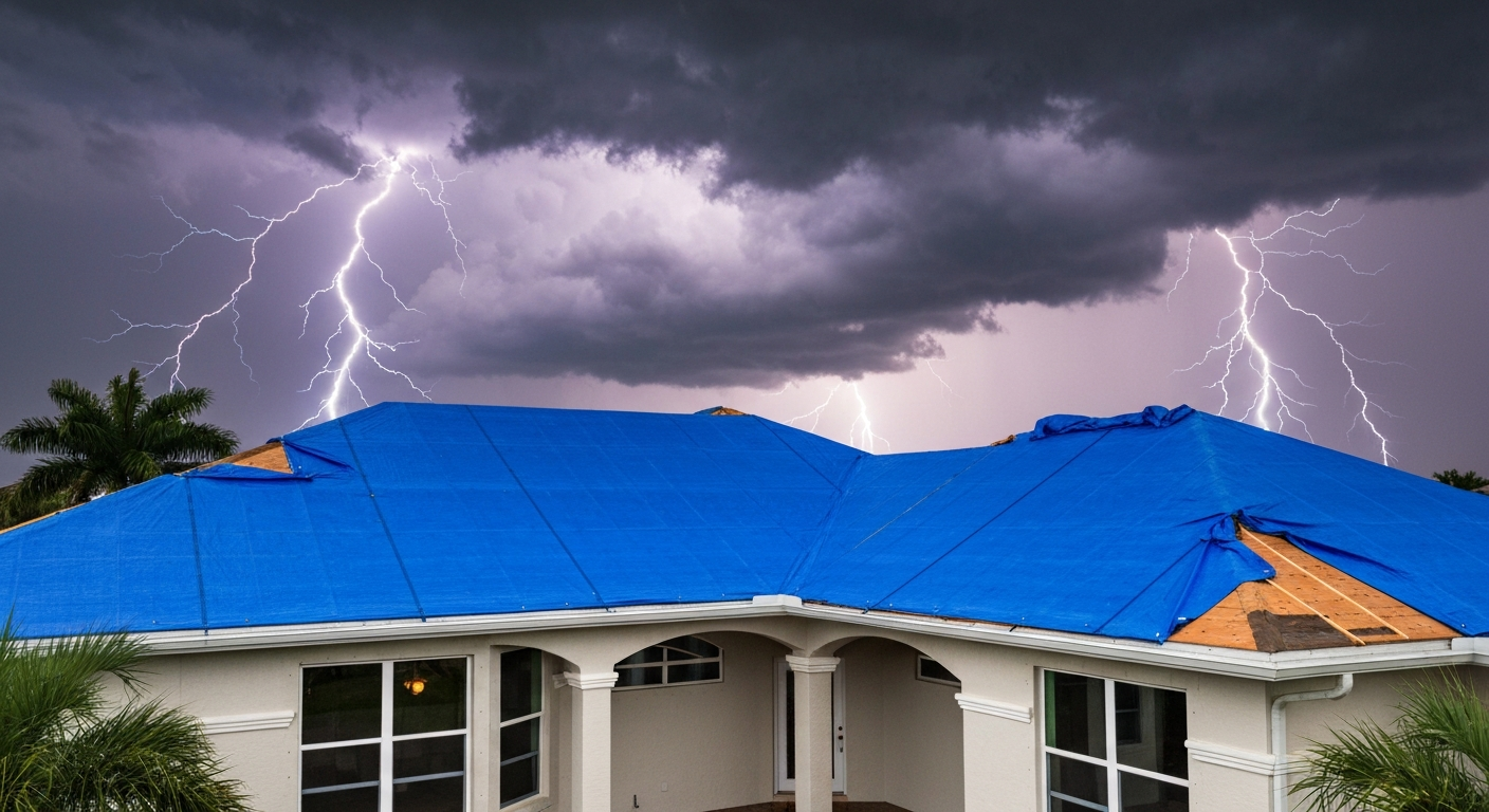 Professional storm damage roof restoration after a Florida hurricane