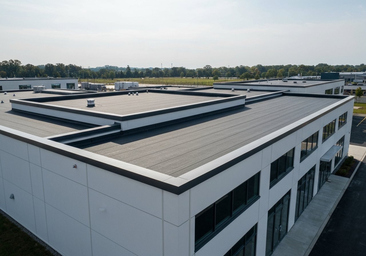 True Grit Roofing team completing a commercial flat roof replacement