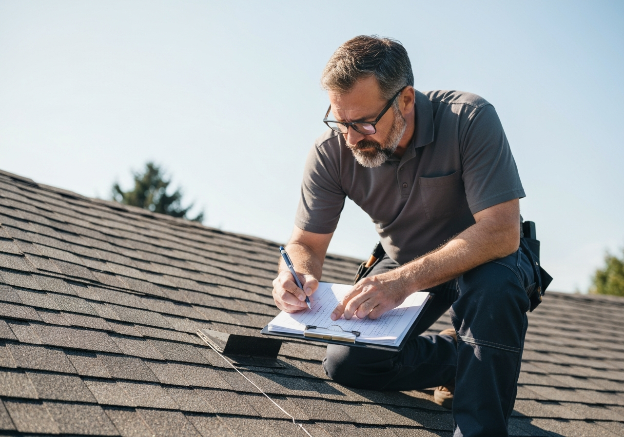True Grit Roofing professional inspector reviewing roof damage in Pensacola