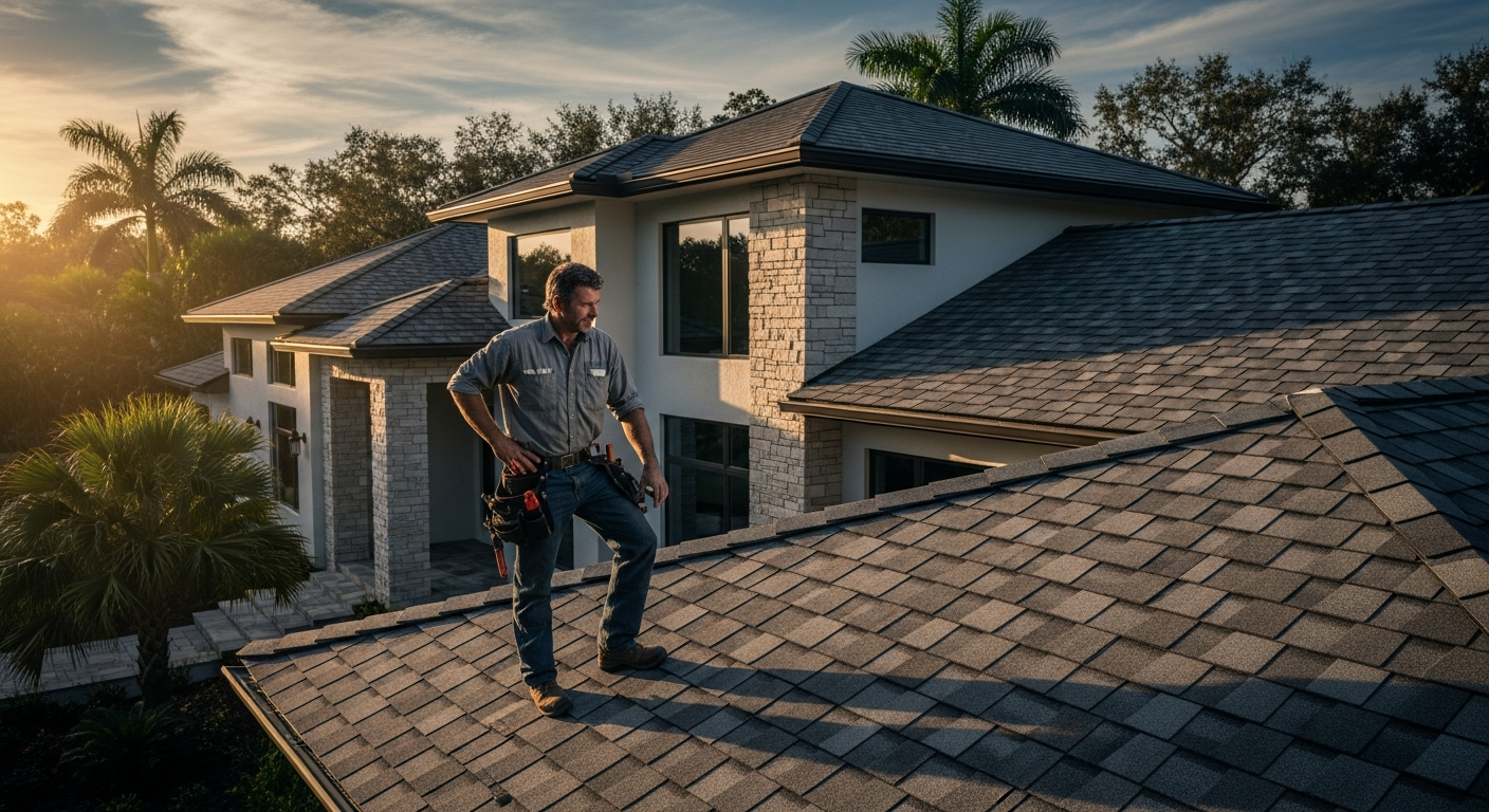 Premium roofing contractor inspecting a modern Florida home