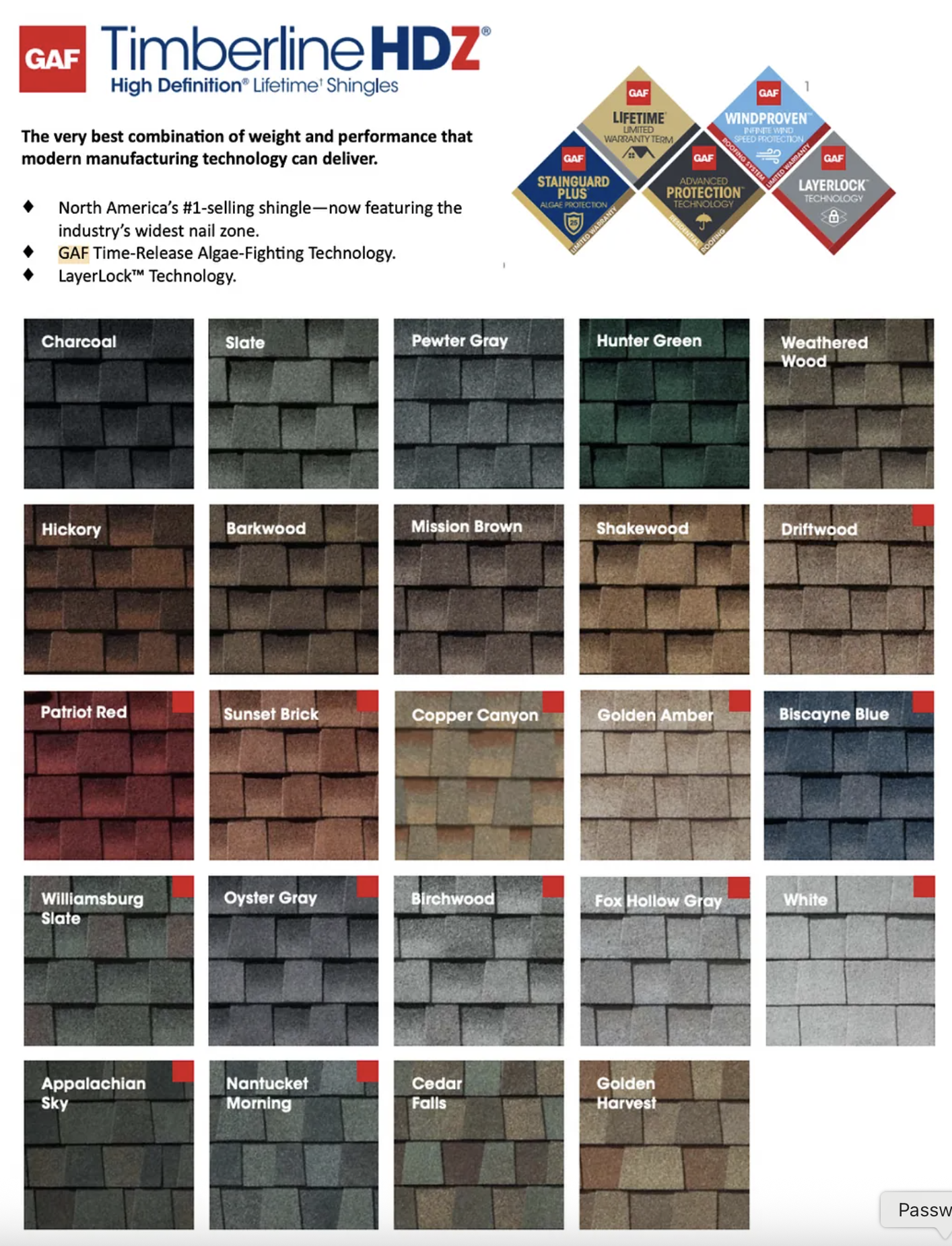 GAF Timberline HDZ Color Chart and Features