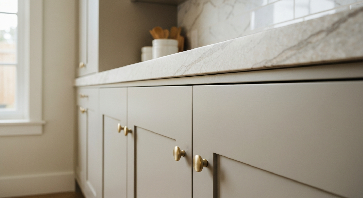 Freshly painted matte kitchen cabinets with brushed gold hardware