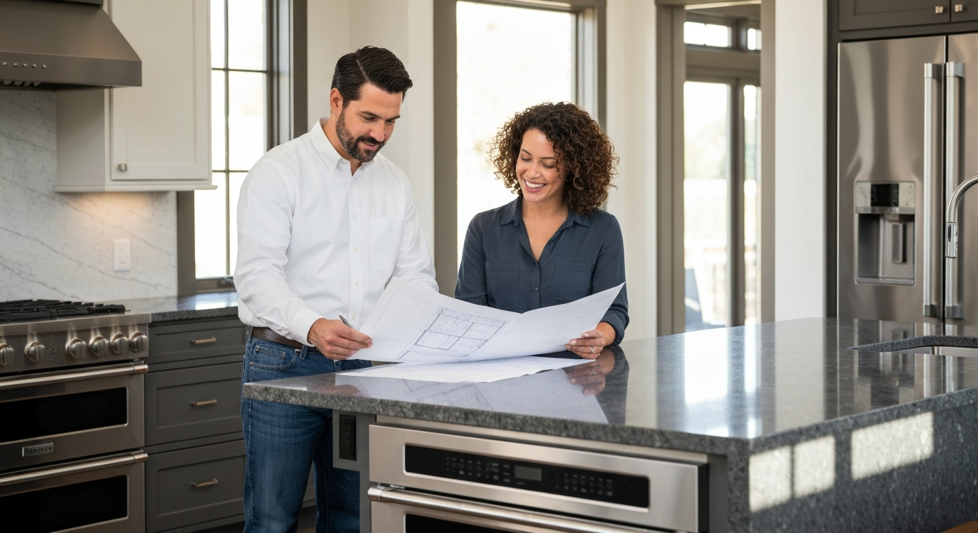 Contractor reviewing blueprints with a homeowner