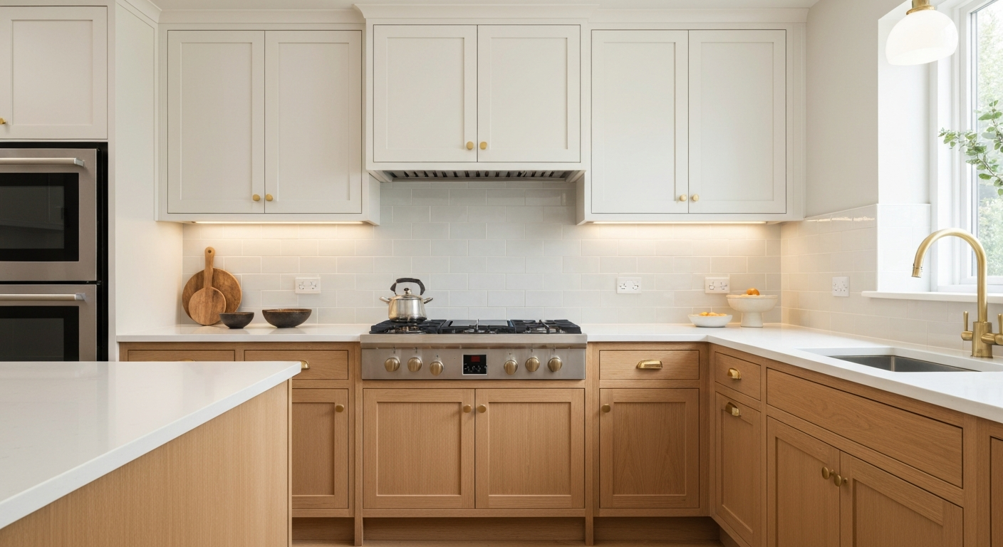 Modern kitchen with white oak lower cabinets and creamy uppers
