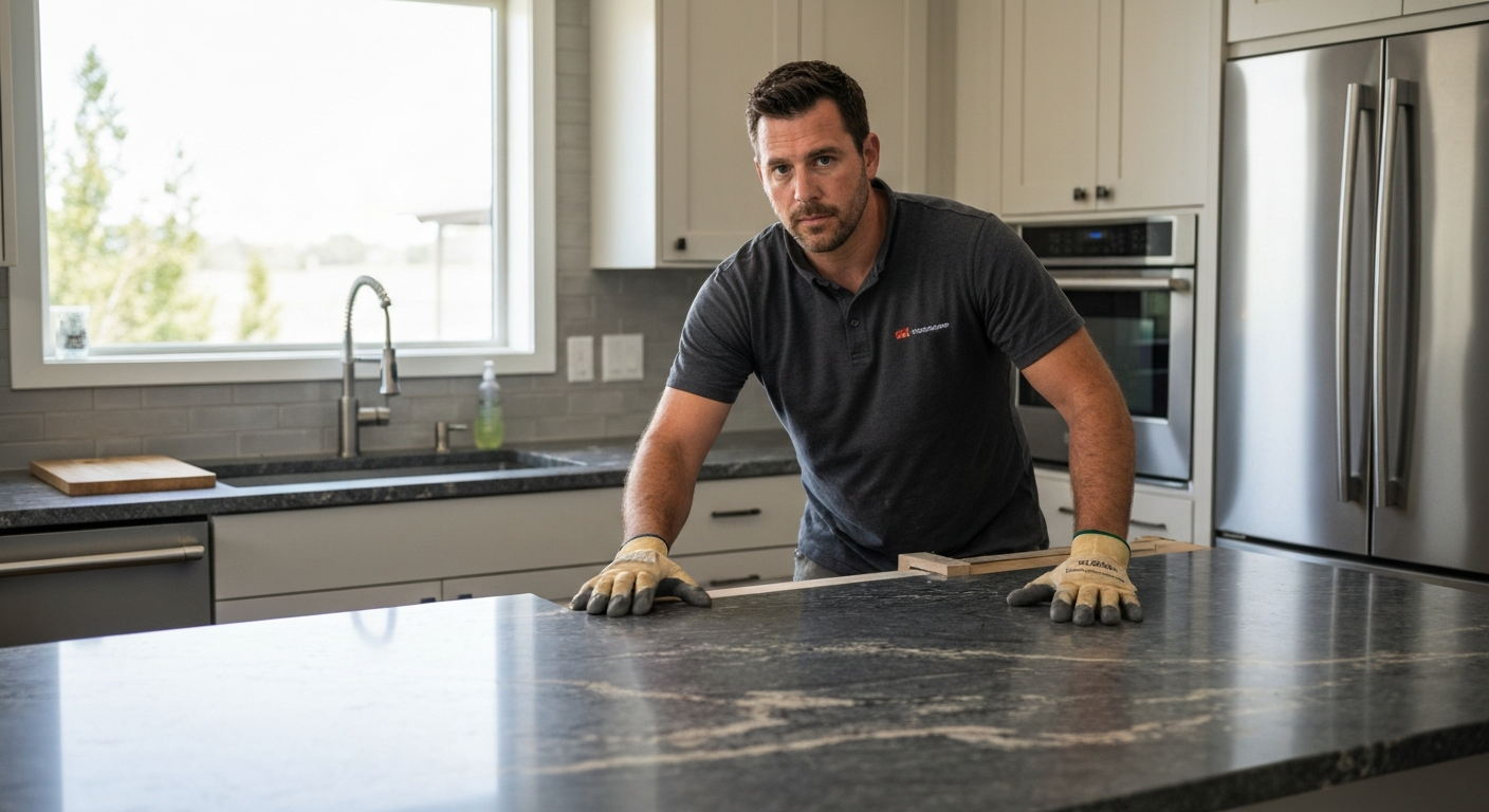 Contractor installing leathered quartzite countertop