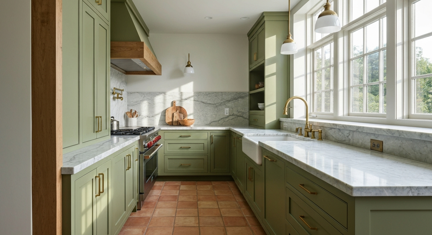 Olive green kitchen cabinets with terracotta elements