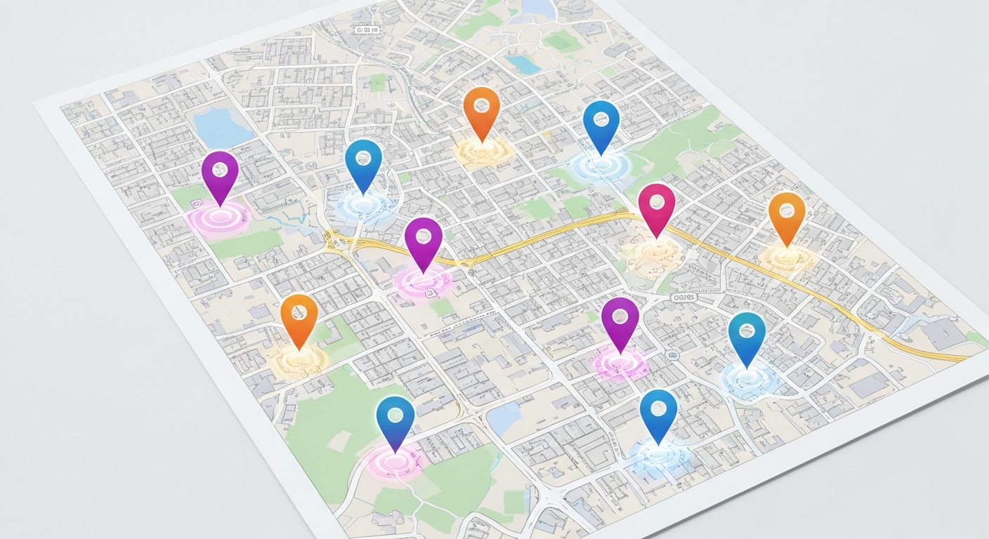 Digital map with glowing local targeting nodes