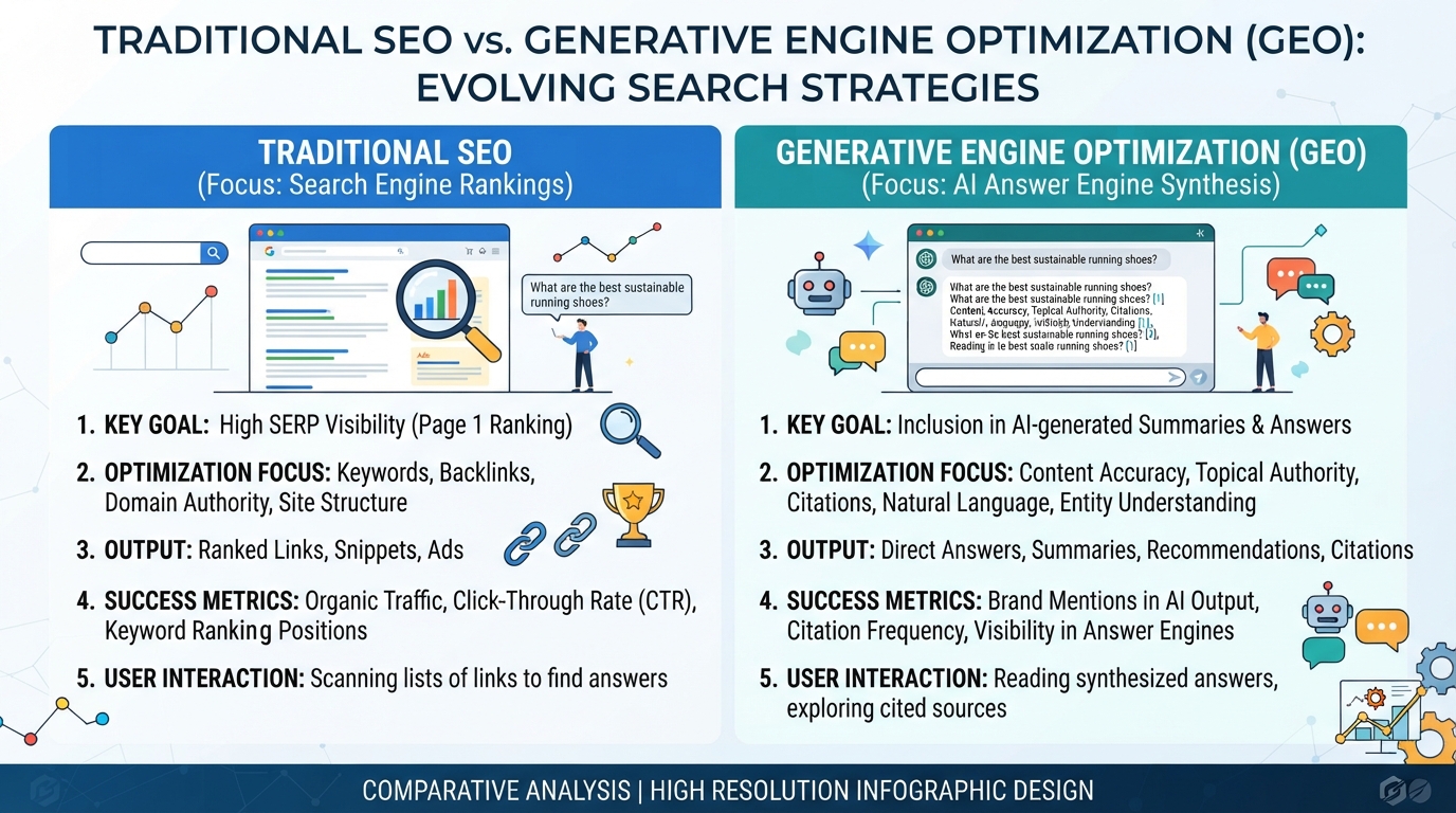 Infographic comparing traditional search engine ranking to generative engine citation