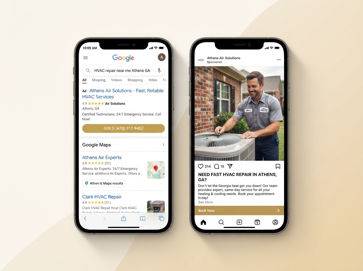 Google search ad and Instagram ad for a local Athens business side by side