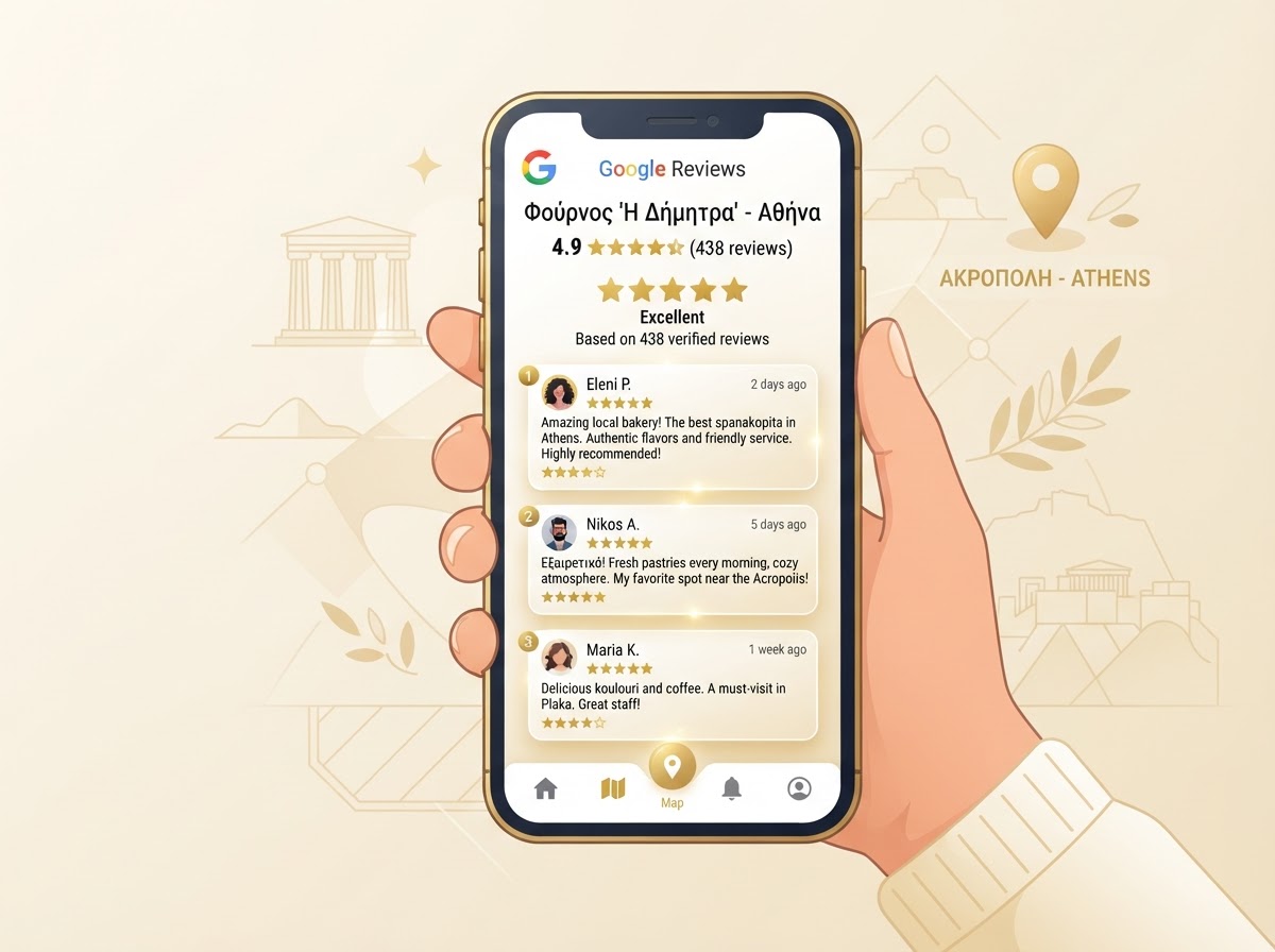 Five-star Google reviews for a local Athens business shown on a phone