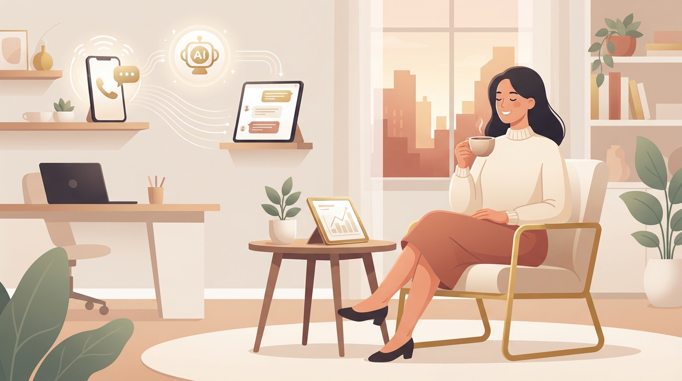 Business owner relaxing while an AI agent handles calls and messages 24/7
