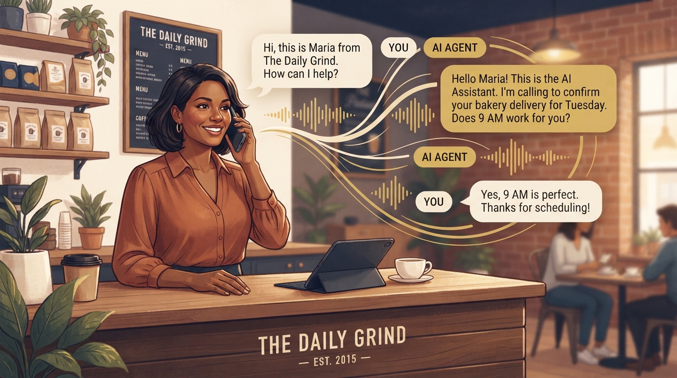 Business owner confidently answering an AI call with a seamless conversation flow