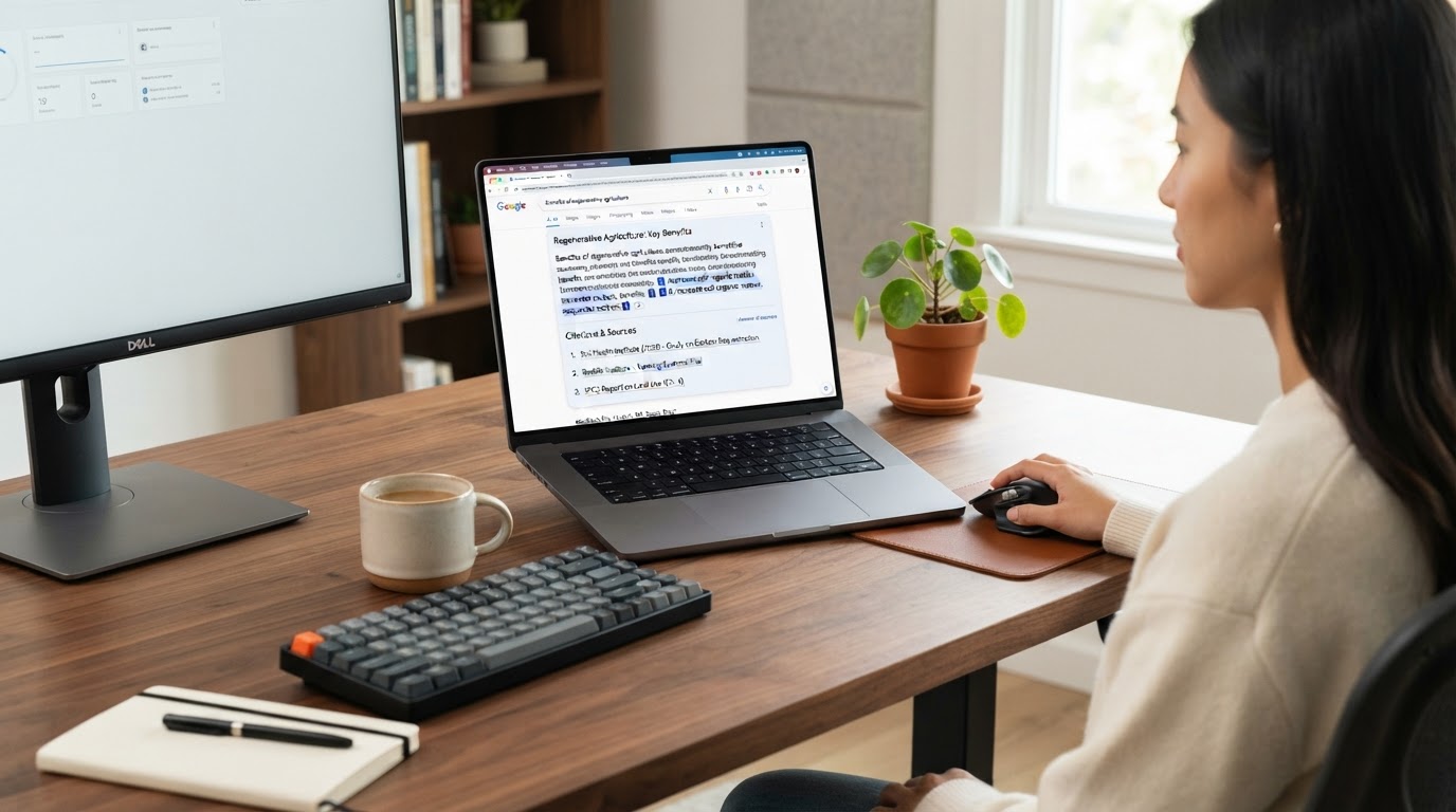AI Search Answer Box displaying brand citations on a laptop screen