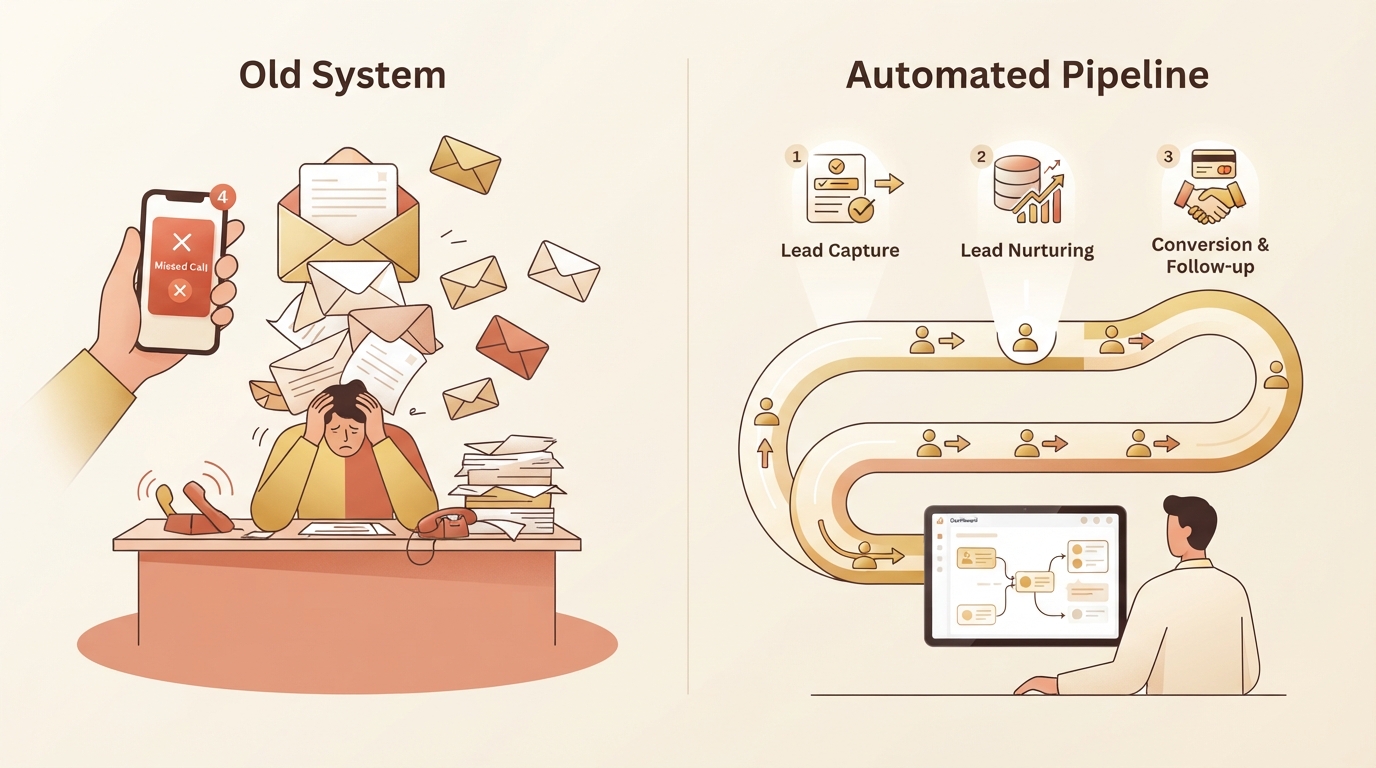 Missed calls and overflowing inbox contrasted with an automated lead workflow