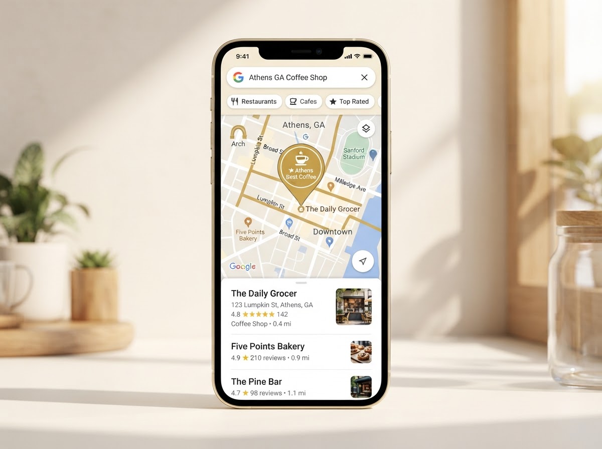 Local search results on a phone showing a business in the Athens, GA map listings