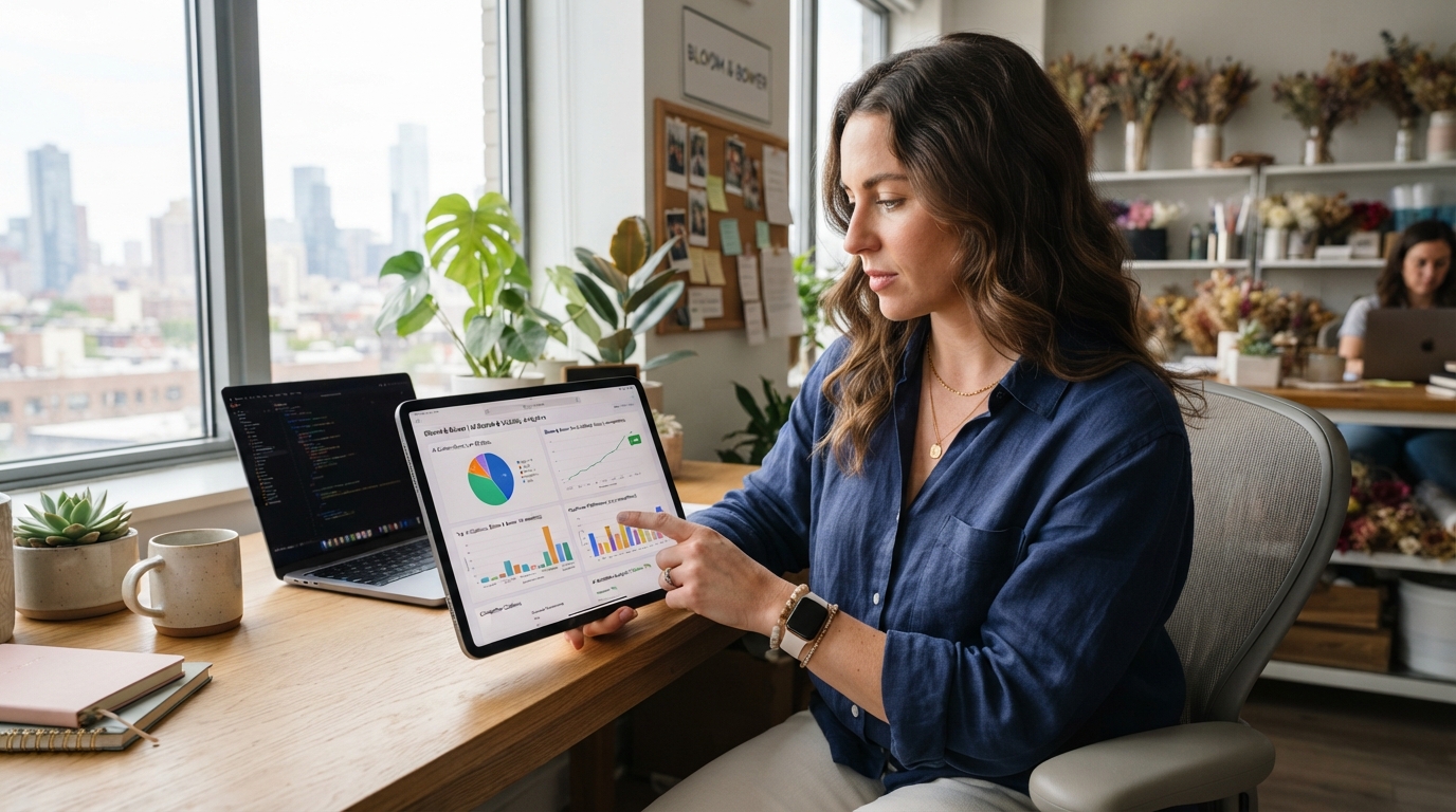 Business professional reviewing AI search citations and analytics