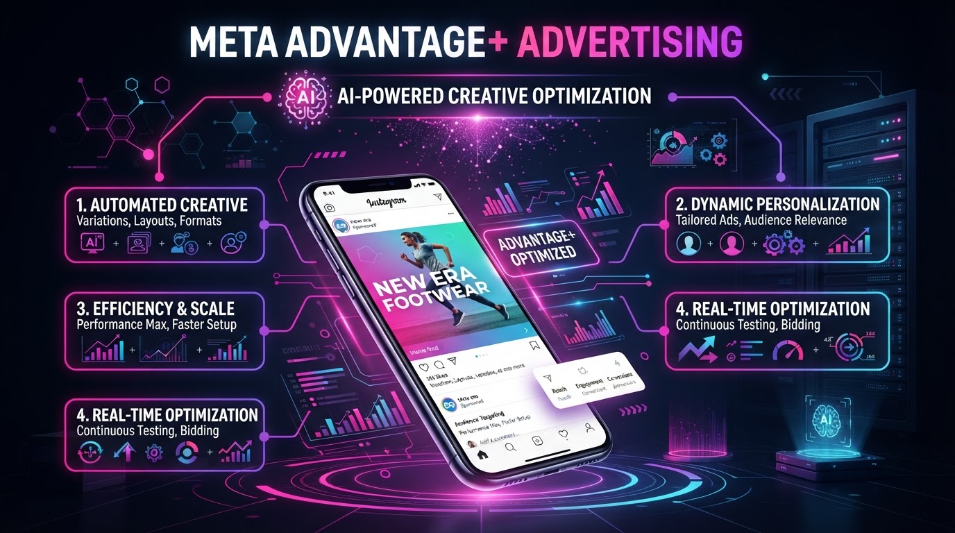 Meta Advantage+ advertising with mobile social feed and AI creative optimization