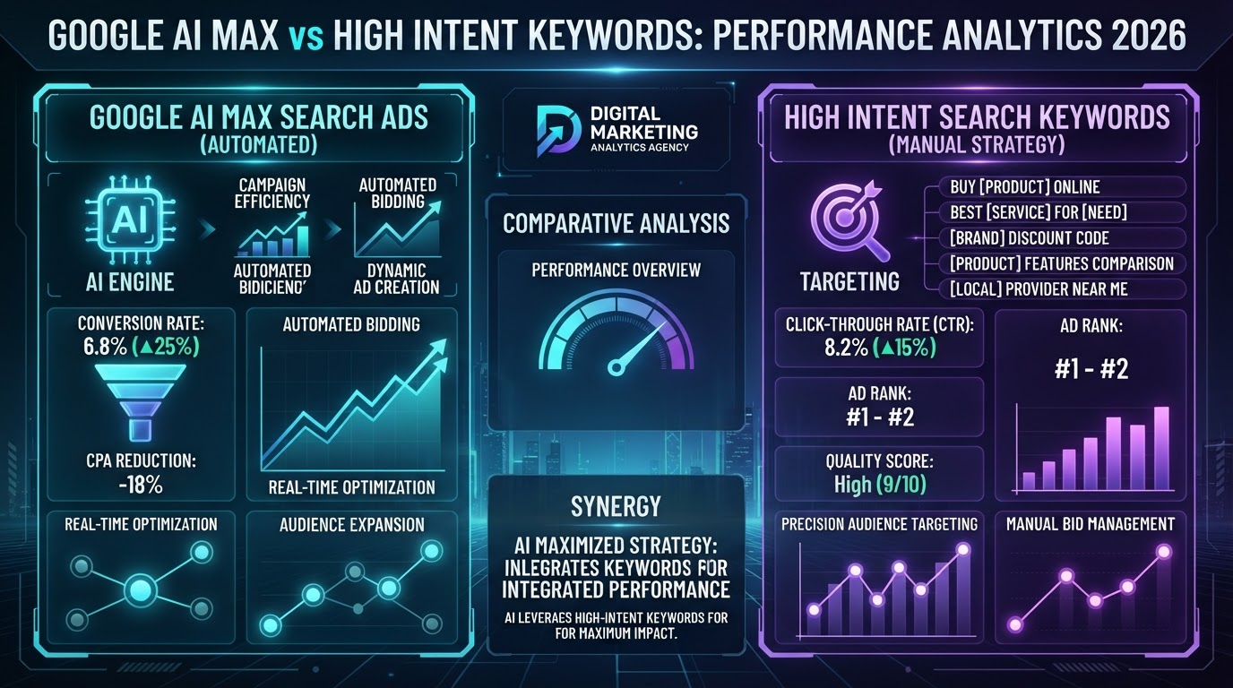 Google AI Max search ad campaign analytics with high intent search keywords