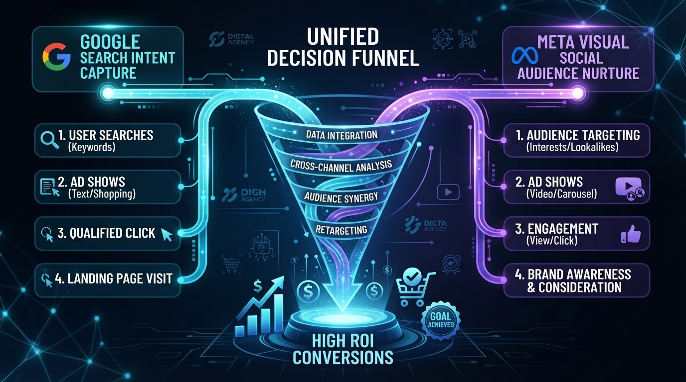 Unified marketing funnel connecting Google search intent and Meta social nurture