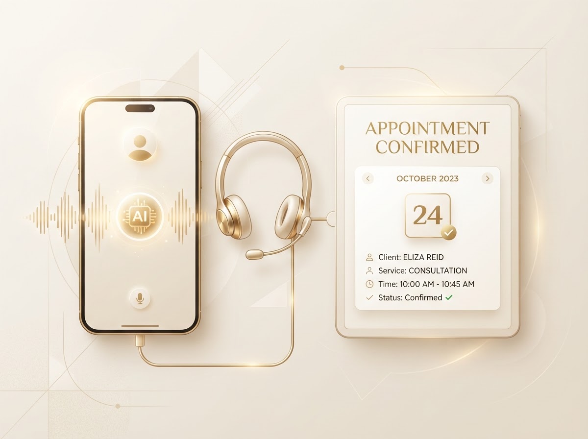 AI receptionist answering a customer call and booking an appointment on a calendar